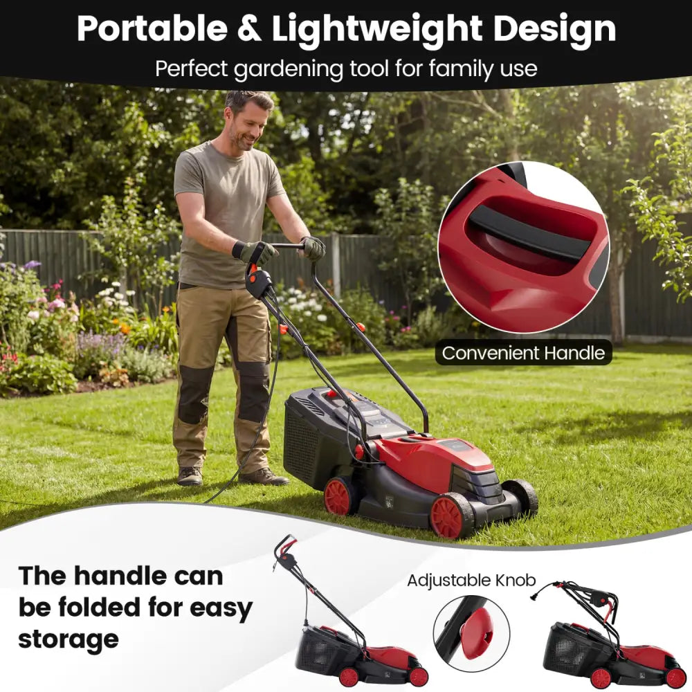 12-AMP 13.5 Inch Adjustable Electric Corded Lawn Mower with Collection Box-Red - Red - Lawn Care Tools