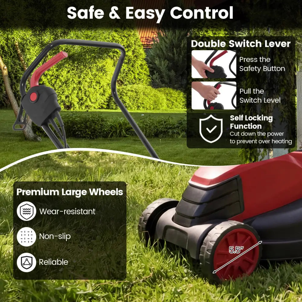 12-AMP 13.5 Inch Adjustable Electric Corded Lawn Mower with Collection Box-Red - Red - Lawn Care Tools