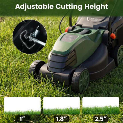 12-AMP 13.5 Inch Adjustable Electric Corded Lawn Mower with Collection Box-Green - Green - Lawn Care Tools