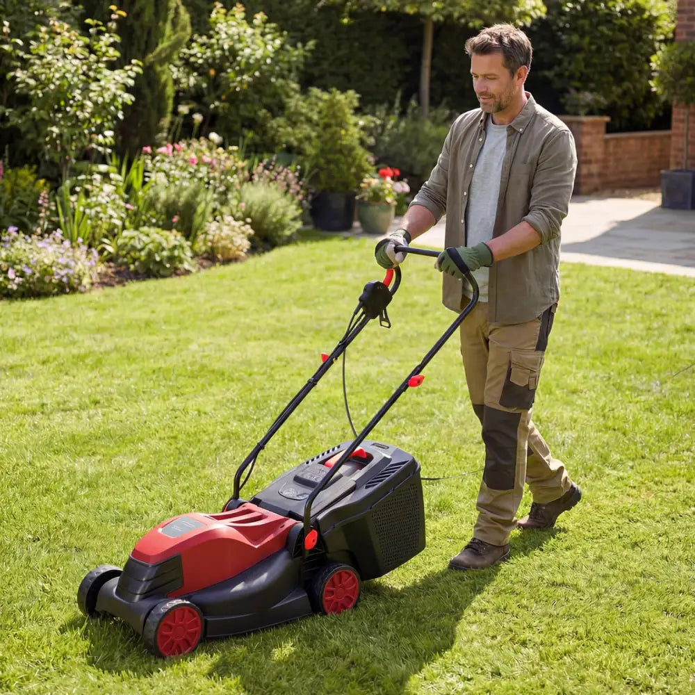 12-AMP 13.5 Inch Adjustable Electric Corded Lawn Mower with Collection Box-Red - Red - Lawn Care Tools