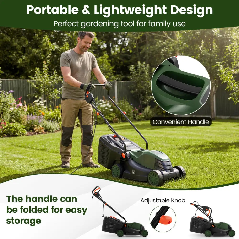 12-AMP 13.5 Inch Adjustable Electric Corded Lawn Mower with Collection Box-Green - Green - Lawn Care Tools