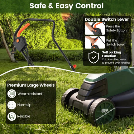 12-AMP 13.5 Inch Adjustable Electric Corded Lawn Mower with Collection Box-Green - Green - Lawn Care Tools