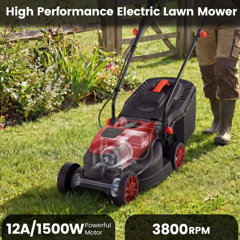 12-AMP 13.5 Inch Adjustable Electric Corded Lawn Mower with Collection Box-Red - Red - Lawn Care Tools