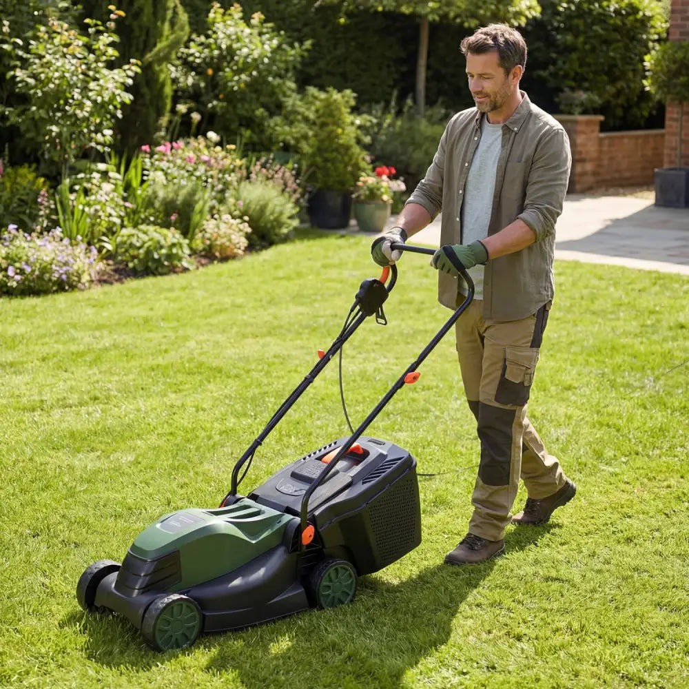 12-AMP 13.5 Inch Adjustable Electric Corded Lawn Mower with Collection Box-Green - Green - Lawn Care Tools