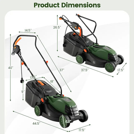 12-AMP 13.5 Inch Adjustable Electric Corded Lawn Mower with Collection Box-Green - Green - Lawn Care Tools