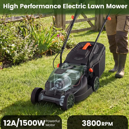 12-AMP 13.5 Inch Adjustable Electric Corded Lawn Mower with Collection Box-Green - Green - Lawn Care Tools