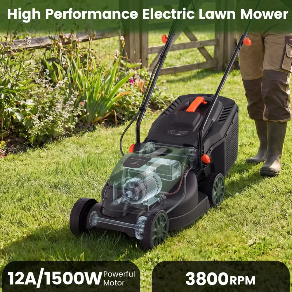 12-AMP 13.5 Inch Adjustable Electric Corded Lawn Mower with Collection Box-Green - Green - Lawn Care Tools