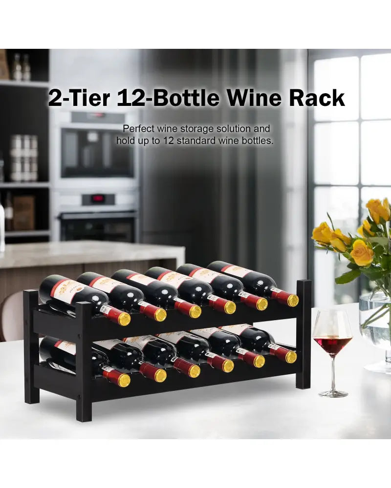 12 Bottles 2-Tier Bamboo Storage Shelf Wine Rack-Brown - Brown - Wine Racks
