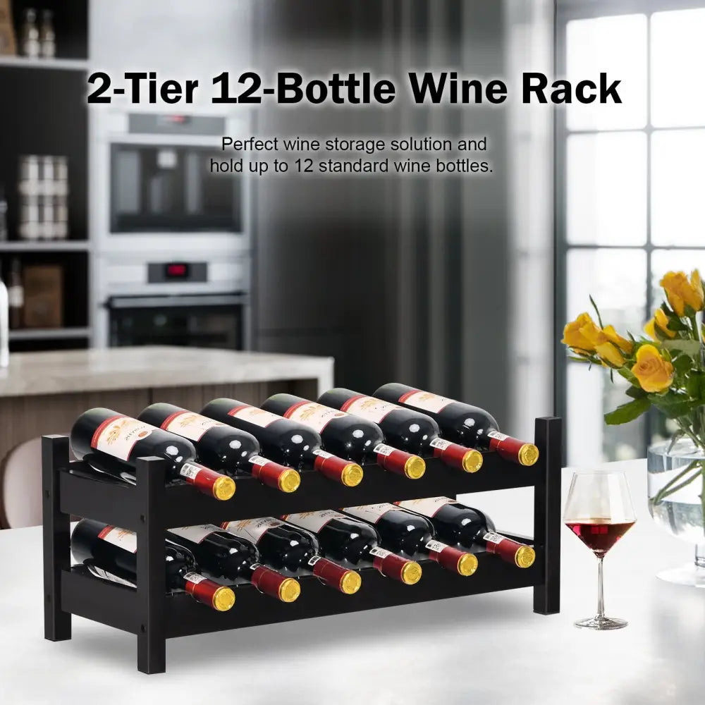 12 Bottles 2-Tier Bamboo Storage Shelf Wine Rack-Brown - Brown - Wine Racks