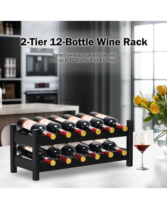 12 Bottles 2-Tier Bamboo Storage Shelf Wine Rack-Brown - Brown - Wine Racks