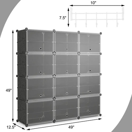 12-Cube 48 Pairs Portable Shoe Shelves with Hook-Black - Black - Shoe Racks & Storage Benches