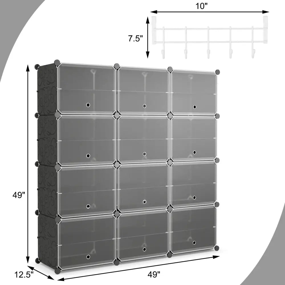 12-Cube 48 Pairs Portable Shoe Shelves with Hook-Black - Black - Shoe Racks & Storage Benches