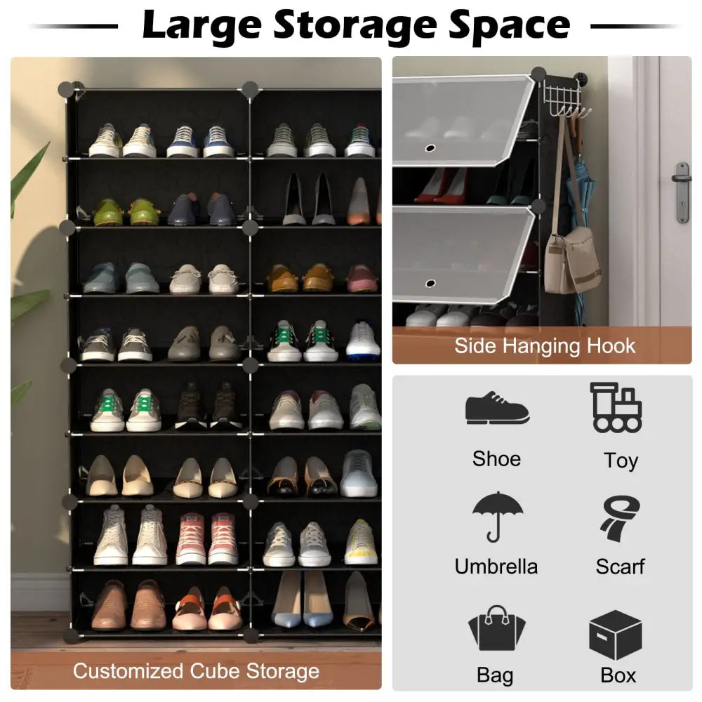12-Cube 48 Pairs Portable Shoe Shelves with Hook-Black - Black - Shoe Racks & Storage Benches