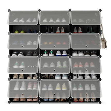 12-Cube 48 Pairs Portable Shoe Shelves with Hook-Black - Black - Shoe Racks & Storage Benches