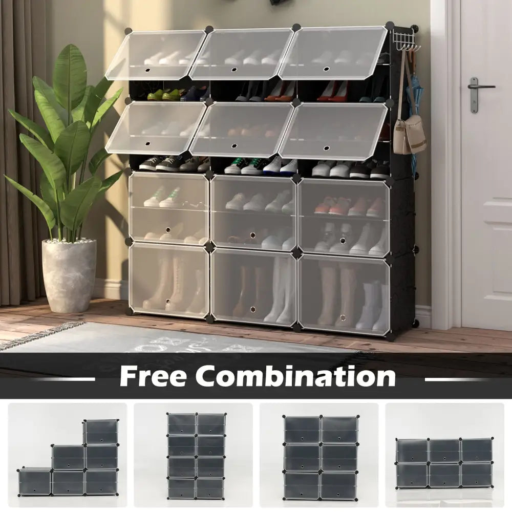 12-Cube 48 Pairs Portable Shoe Shelves with Hook-Black - Black - Shoe Racks & Storage Benches