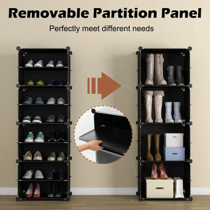 12-Cube 48 Pairs Portable Shoe Shelves with Hook-Black - Black - Shoe Racks & Storage Benches