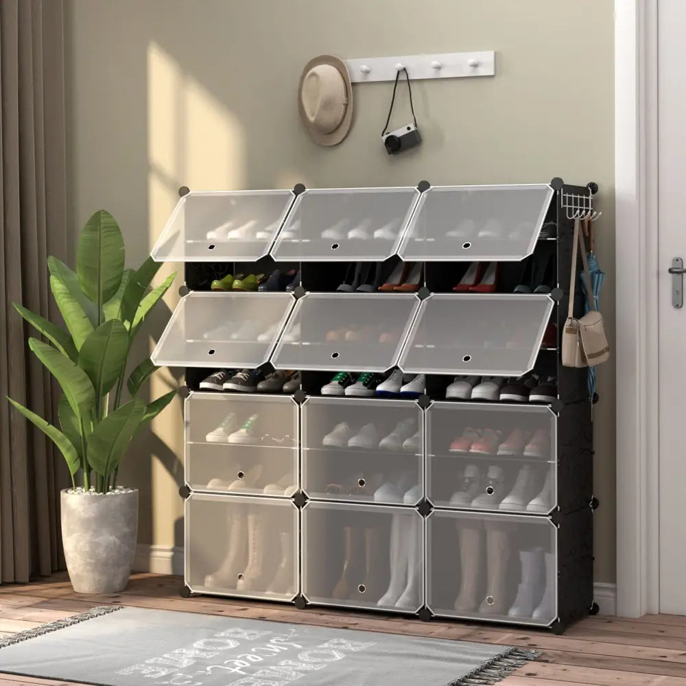 12-Cube 48 Pairs Portable Shoe Shelves with Hook-Black - Black - Shoe Racks & Storage Benches