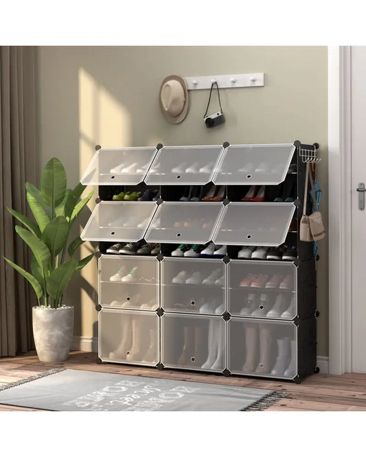 12-Cube 48 Pairs Portable Shoe Shelves with Hook-Black - Black - Shoe Racks & Storage Benches