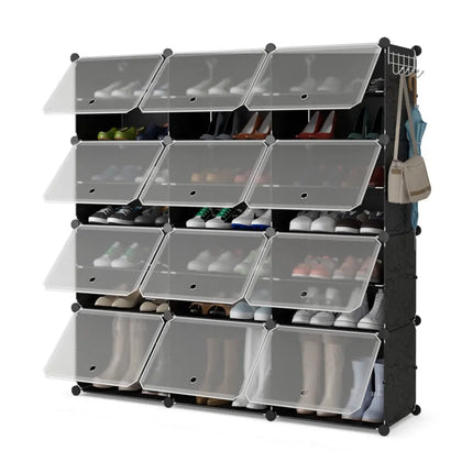 12-Cube 48 Pairs Portable Shoe Shelves with Hook-Black - Black - Shoe Racks & Storage Benches