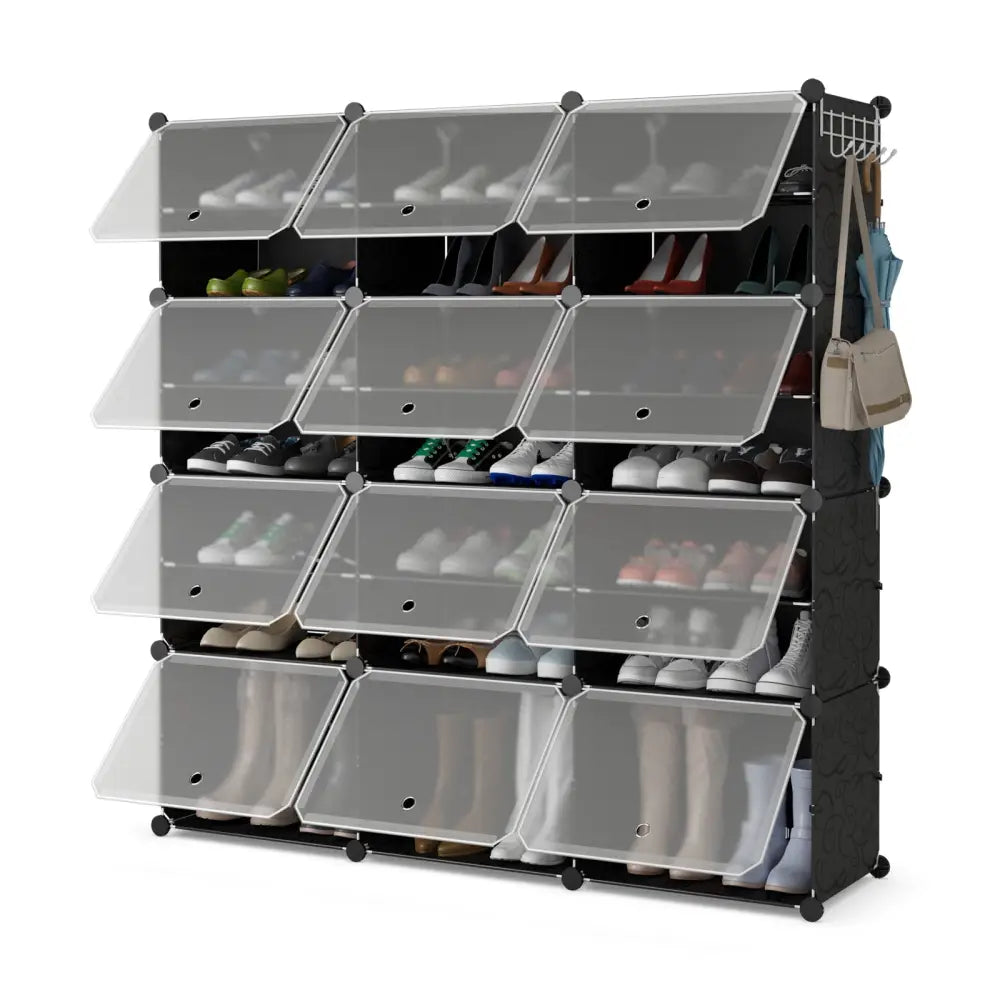 12-Cube 48 Pairs Portable Shoe Shelves with Hook-Black - Black - Shoe Racks & Storage Benches