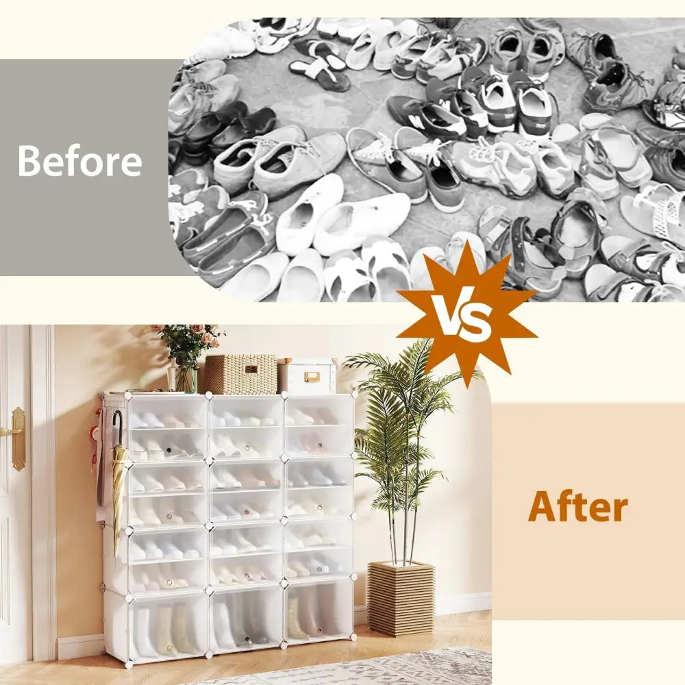 12-Cube 48 Pairs Portable Shoe Shelves with Hook-White - White - Shoe Racks & Storage Benches
