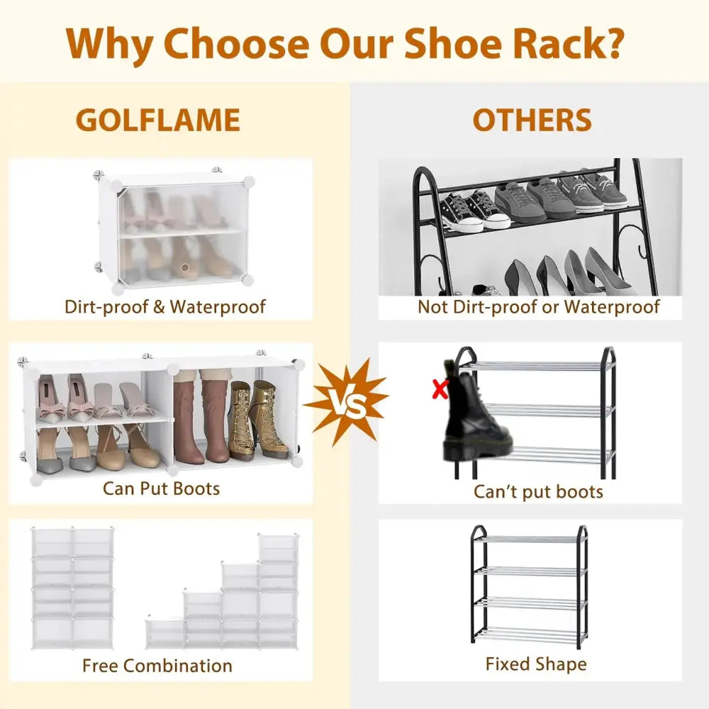 12-Cube 48 Pairs Portable Shoe Shelves with Hook-White - White - Shoe Racks & Storage Benches