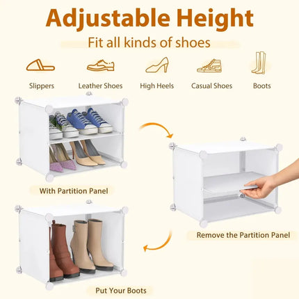 12-Cube 48 Pairs Portable Shoe Shelves with Hook-White - White - Shoe Racks & Storage Benches