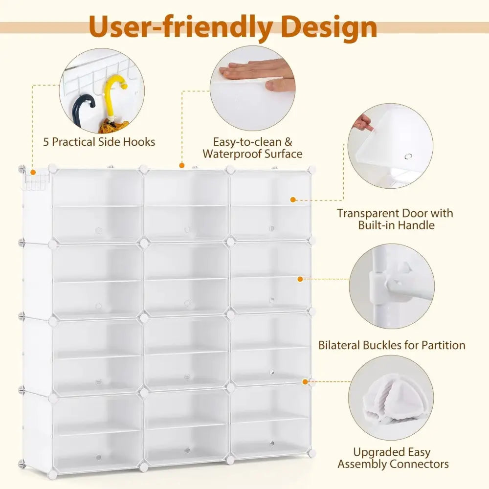 12-Cube 48 Pairs Portable Shoe Shelves with Hook-White - White - Shoe Racks & Storage Benches