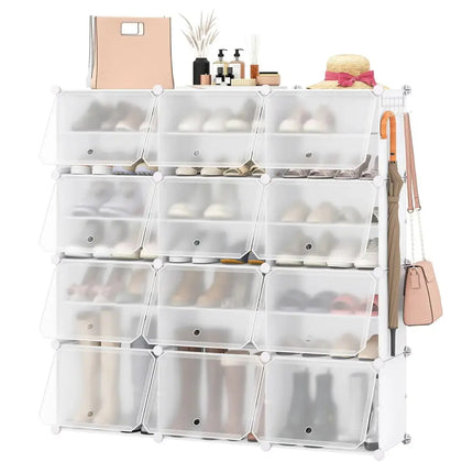12-Cube 48 Pairs Portable Shoe Shelves with Hook-White - White - Shoe Racks & Storage Benches