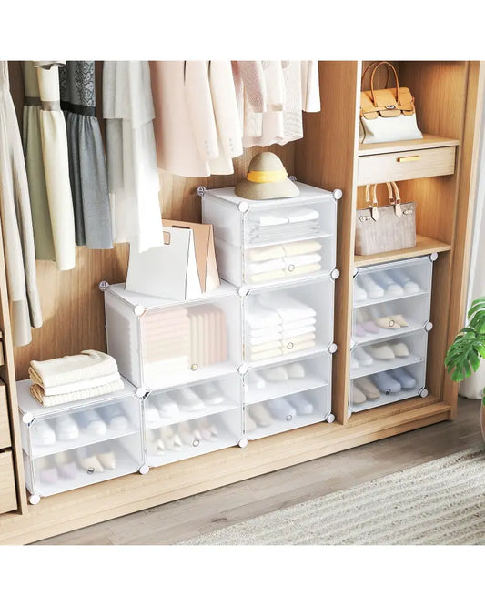 12-Cube 48 Pairs Portable Shoe Shelves with Hook-White - White - Shoe Racks & Storage Benches