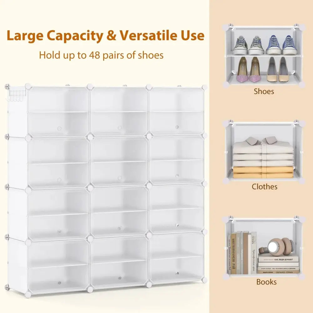 12-Cube 48 Pairs Portable Shoe Shelves with Hook-White - White - Shoe Racks & Storage Benches