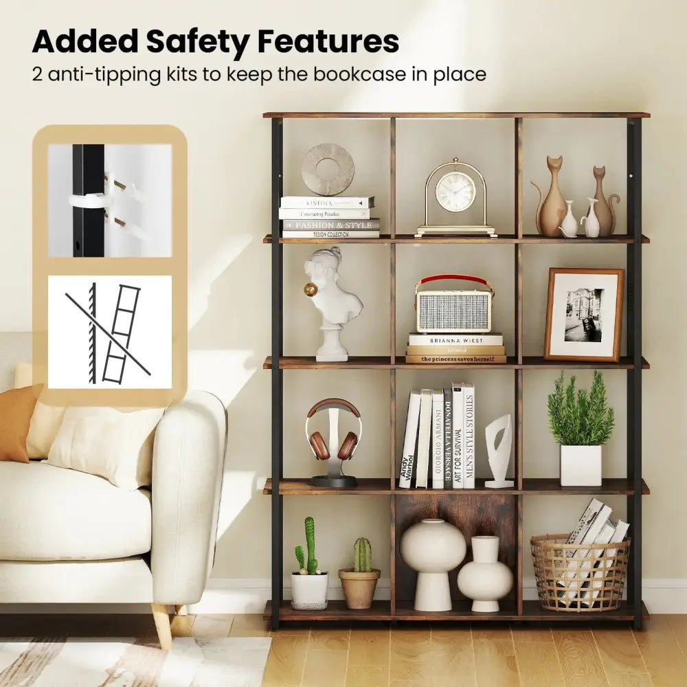 12-Cube Bookcase with 2 Anti-tipping Kits for Living Room-Rustic Brown Costway