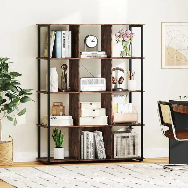 12-Cube Bookcase with 2 Anti-tipping Kits for Living Room-Rustic Brown Costway