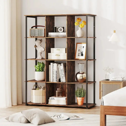 12-Cube Bookcase with 2 Anti-tipping Kits for Living Room-Rustic Brown Costway