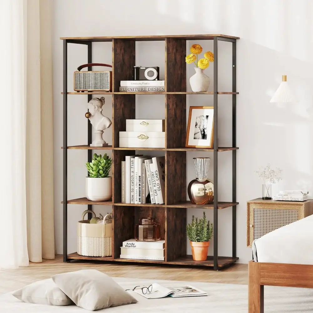 12-Cube Bookcase with 2 Anti-tipping Kits for Living Room-Rustic Brown Costway