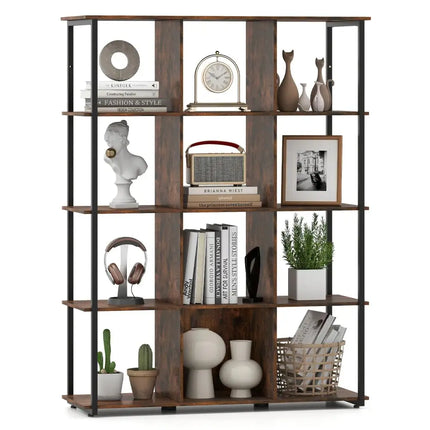 12-Cube Bookcase with 2 Anti-tipping Kits for Living Room-Rustic Brown Costway