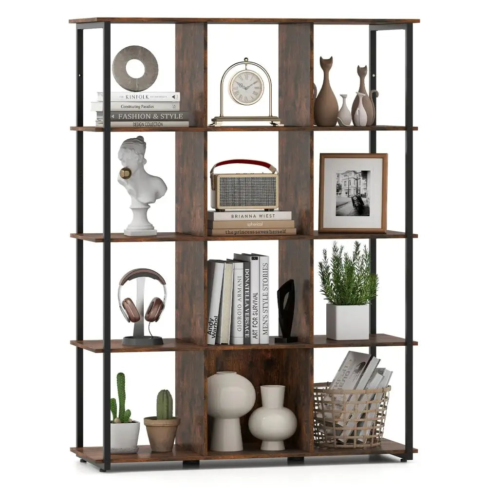 12-Cube Bookcase with 2 Anti-tipping Kits for Living Room-Rustic Brown Costway