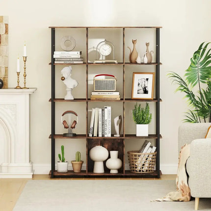 12-Cube Bookcase with 2 Anti-tipping Kits for Living Room-Rustic Brown Costway