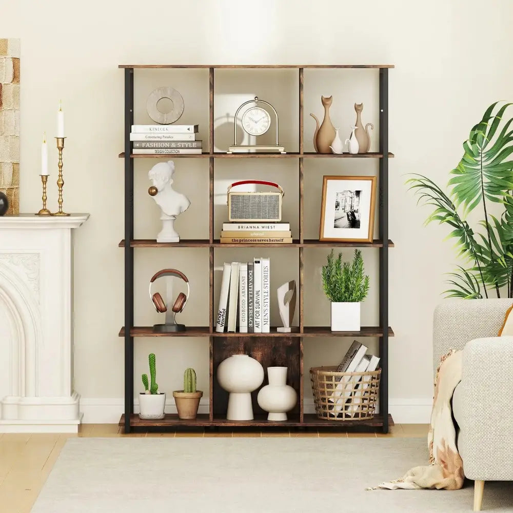 12-Cube Bookcase with 2 Anti-tipping Kits for Living Room-Rustic Brown Costway