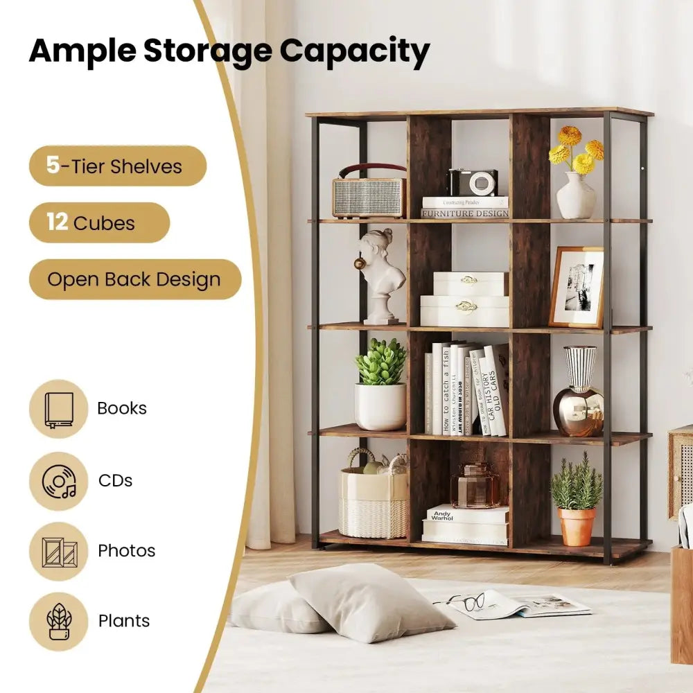 12-Cube Bookcase with 2 Anti-tipping Kits for Living Room-Rustic Brown Costway