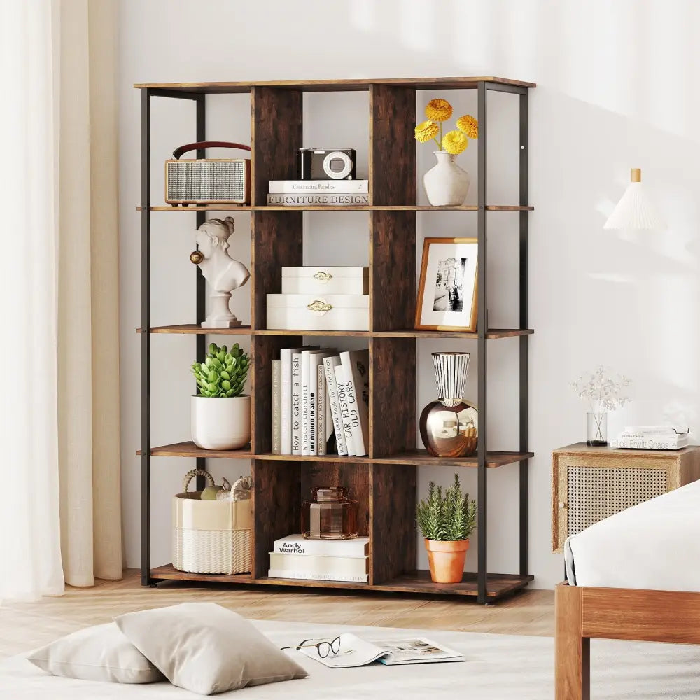 12-Cube Bookcase with 2 Anti-tipping Kits for Living Room-Rustic Brown - Rustic Brown - Bookcases