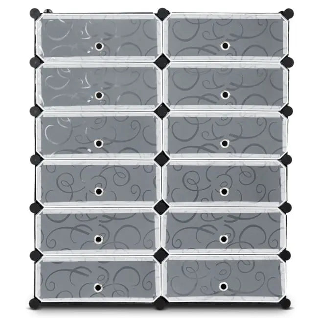 12-Cube DIY Portable Plastic Shoe Rack with Transparent Doors - Black - Shoe Racks & Storage Benches