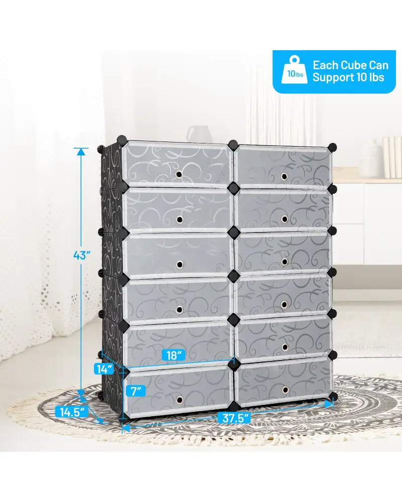 12-Cube DIY Portable Plastic Shoe Rack with Transparent Doors - Black - Shoe Racks & Storage Benches