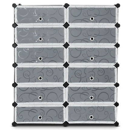 12-Cube DIY Portable Plastic Shoe Rack with Transparent Doors - Black - Shoe Racks & Storage Benches