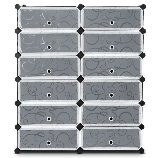 12-Cube DIY Portable Plastic Shoe Rack with Transparent Doors - Black - Shoe Racks & Storage Benches