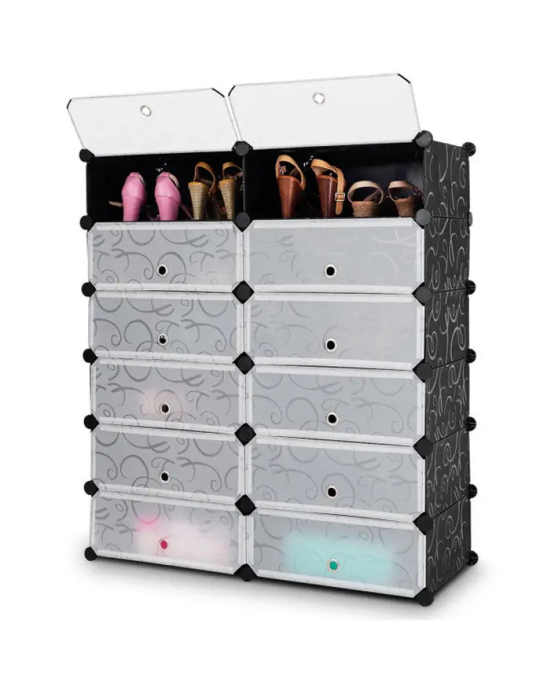 12-Cube DIY Portable Plastic Shoe Rack with Transparent Doors - Black - Shoe Racks & Storage Benches