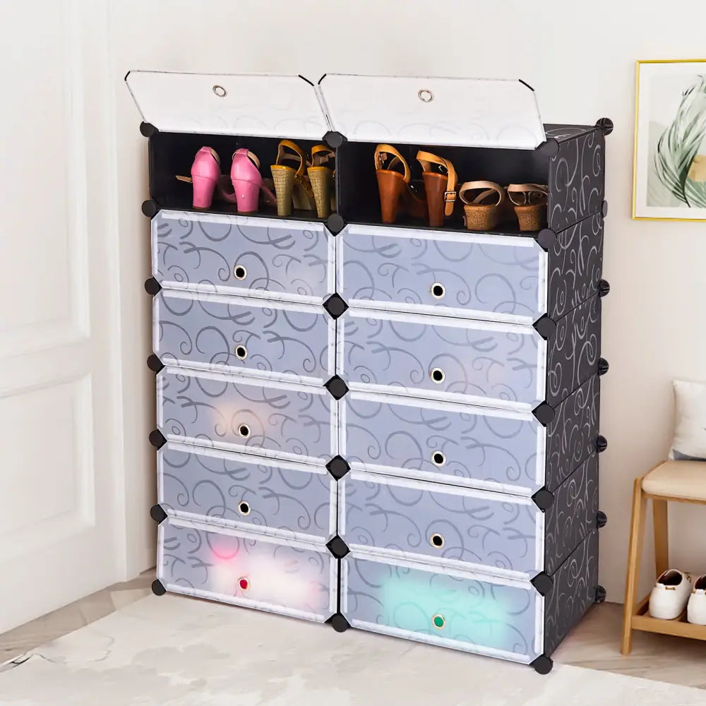 12-Cube DIY Portable Plastic Shoe Rack with Transparent Doors - Black - Shoe Racks & Storage Benches