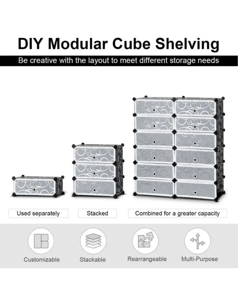 12-Cube DIY Portable Plastic Shoe Rack with Transparent Doors - Black - Shoe Racks & Storage Benches