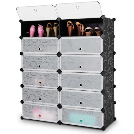 12-Cube DIY Portable Plastic Shoe Rack with Transparent Doors - Black - Shoe Racks & Storage Benches