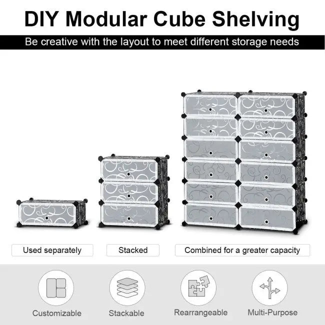 12-Cube DIY Portable Plastic Shoe Rack with Transparent Doors - Black - Shoe Racks & Storage Benches